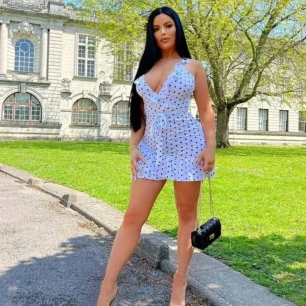 White Polka Dot Sleeveless V-Neck Open Back Backless Mini Dress - Picture 17 of 17